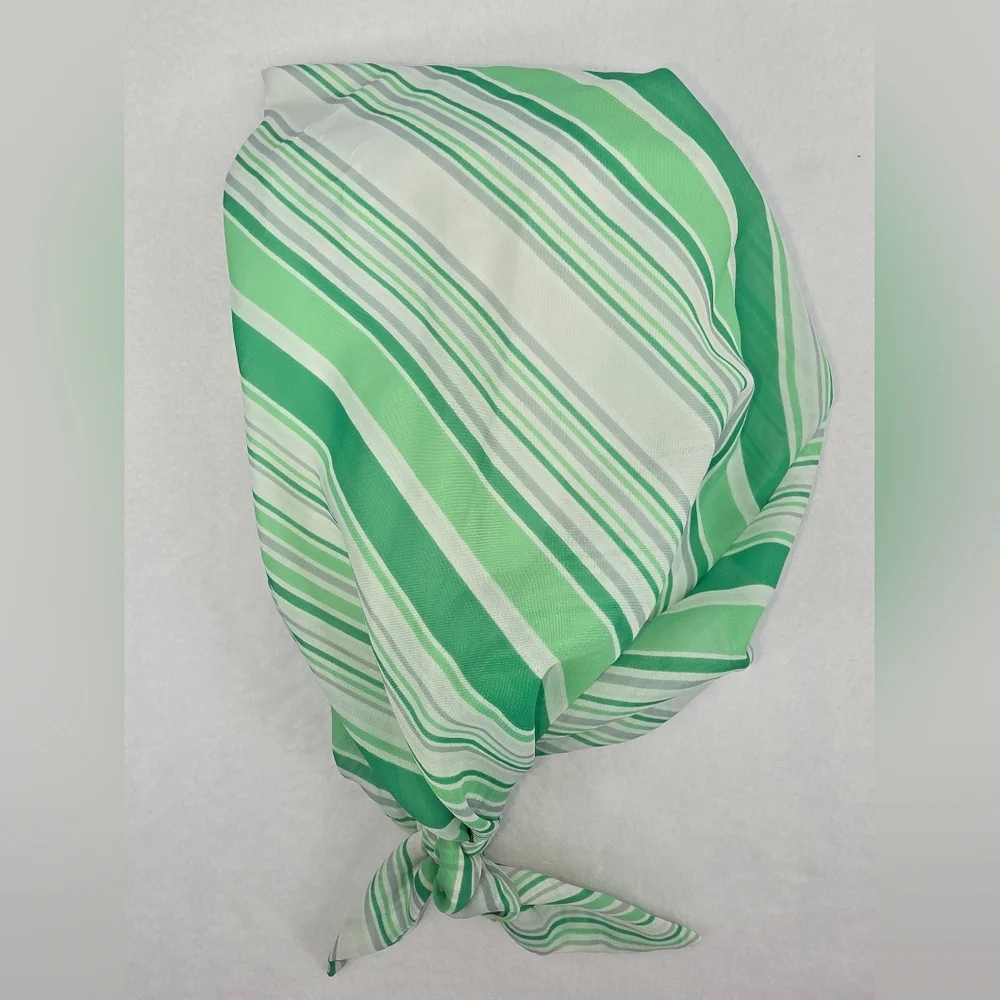 Vintage 60s Cathys Striped Green Tied Structured Head Scarf 3395-Z - Picture 11 of 12